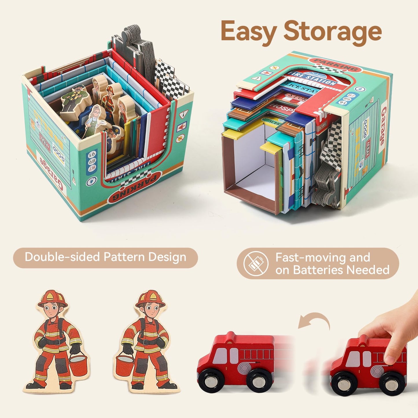 3-in-1 Sorting and Stacking Toys for Toddlers | Wooden Community Helpers, Nesting Boxes & Vehicle Track | Montessori Preschool Learning Toys Gift for 2 3 4 Year Old Boys Girls