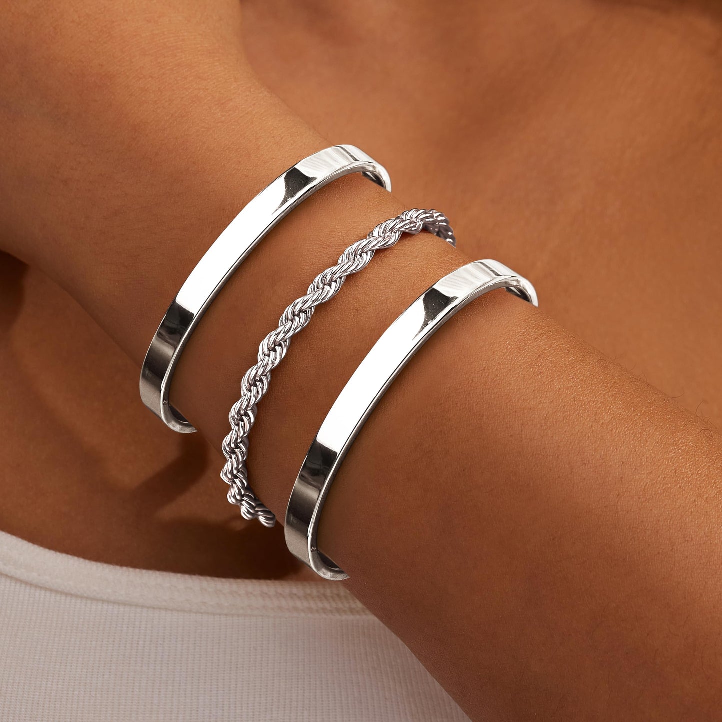 Gokeey Chunky Silver Bracelets for Womenc Trendy, Silver Cuff Bracelet Non Tarnish Rope Cable Paperclip Cuban Link Chain Bangle Bracelet Set Jewelry