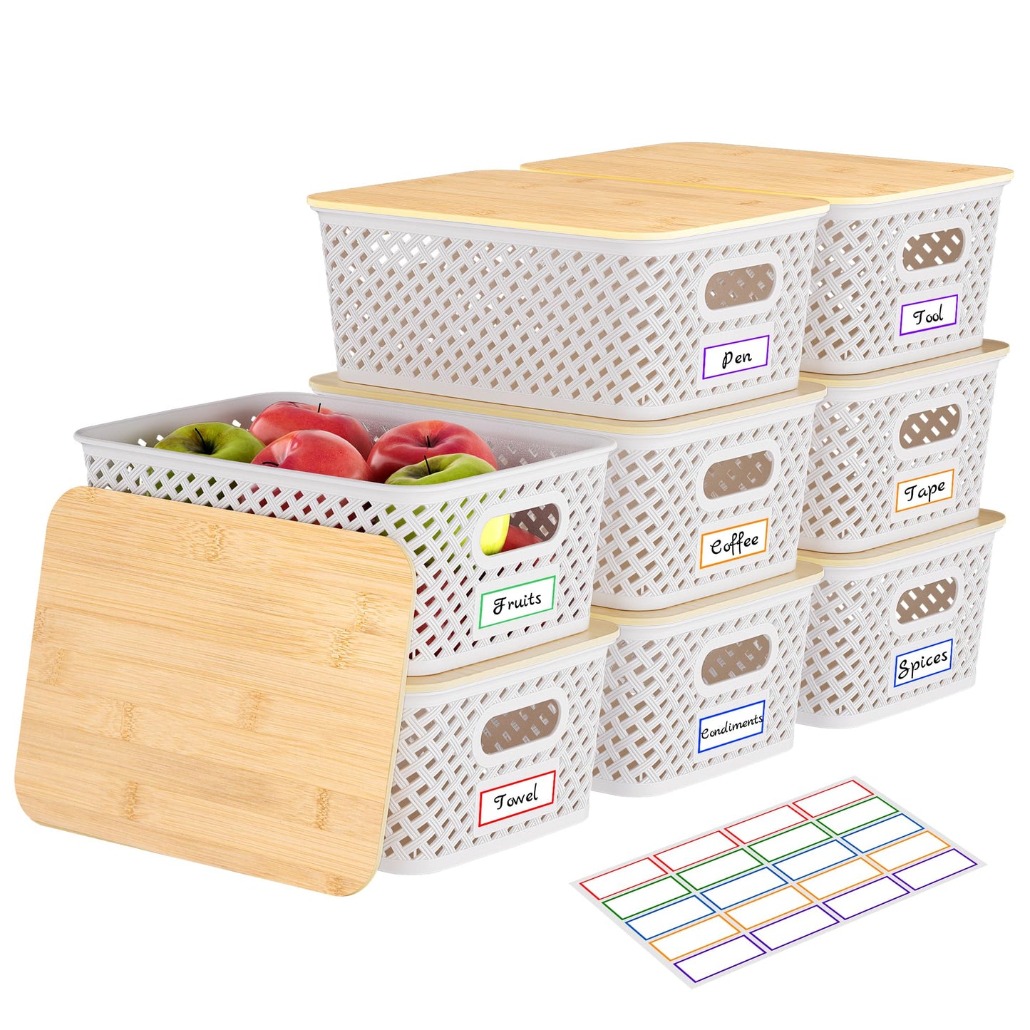 Anysig 8 Packs Plastic Storage Bins with Bamboo Lids - Stackable Storage Bins Decorative Small Basket Containers for Organizing Shelves Office Classroom Desktop Closet, Cream White