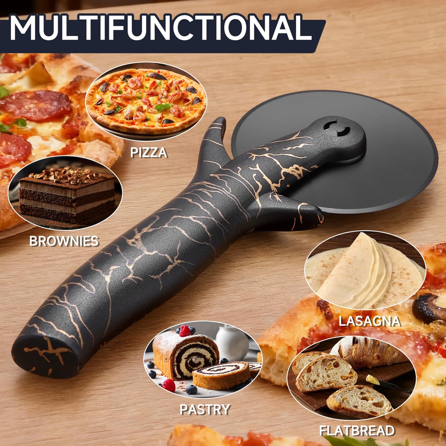 CYDNNE pizza cutter wheel with Removable and Washable Blade - Perfect for pizza Rolls, Pastry, Cheese, and cakes - Easy to Clean and Replace - Non-slip Grip for Smooth Cutting 8.47 Inches (Black)