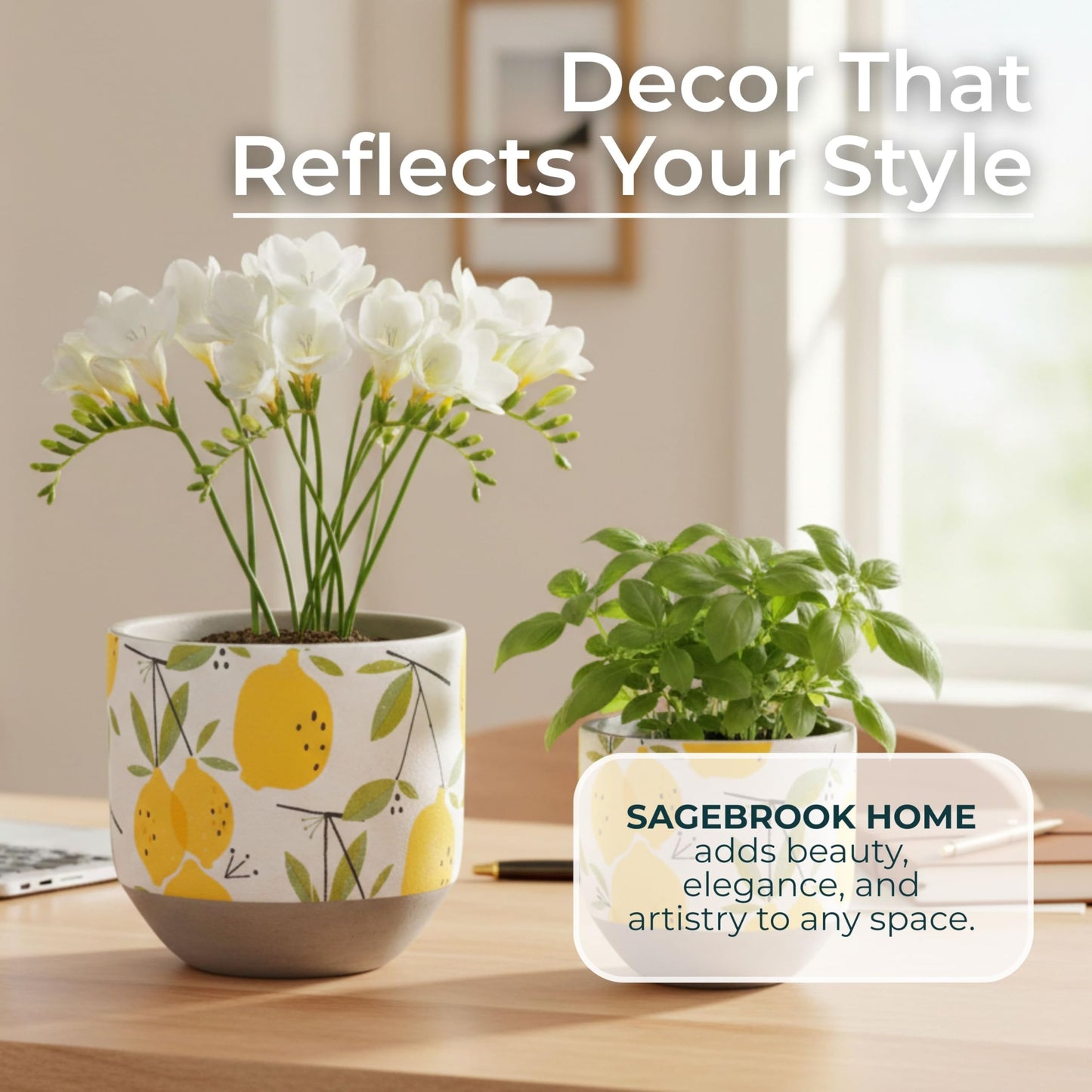 Sagebrook Home Set of 2 Decorative Cement Planters with Drainage Hole - Modern Lemon Print - Indoor/Outdoor Use - 7", 6" Yellow, White, Gray