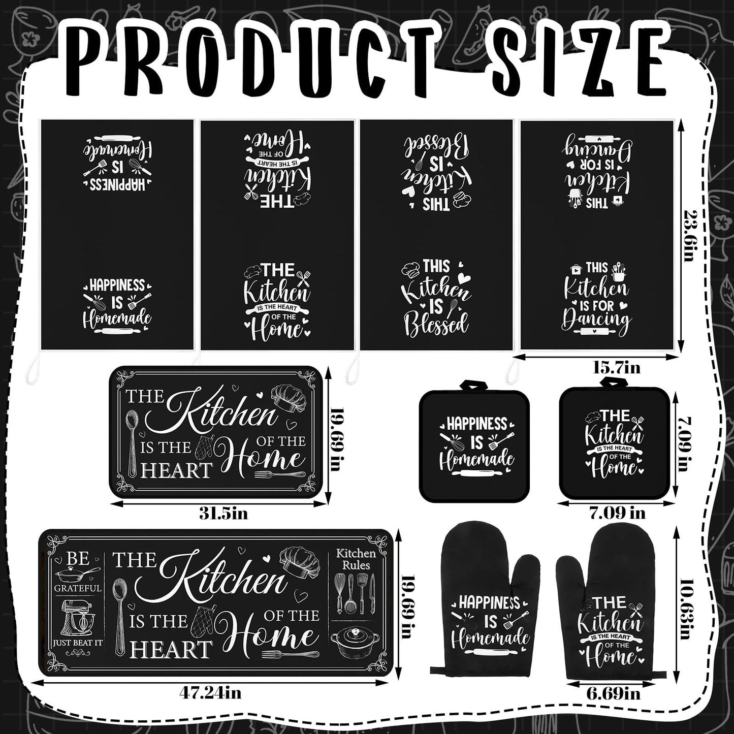 Fourluoo 10 Pcs Farmhouse Kitchen Decor and Accessories Set 4 Kitchen Towels 2 Pot Holders 2 Oven Mitts 2 Rugs for Cooking Baking Mom Housewarming Gifts(Black,Classic Style)