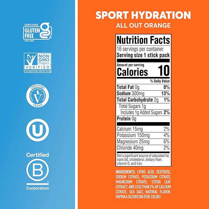 Nuun Sport Electrolyte Powder Packets with Magnesium, Calcium, Potassium, Chloride, and Sodium, Hydration Packets for On-The-Go, All Out Orange Flavor, Gluten Free & Vegan, 16 Single Servings