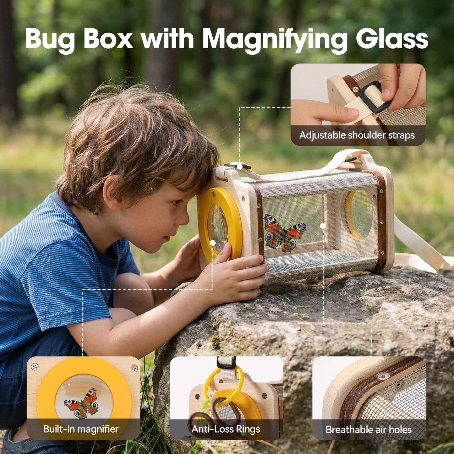 Wooden Bug Catcher Kit for Kids 3-8, 10PCS Durable Outdoor Explorer Kit with Magnifying Glass, Net & STEM Guide, Catch & Release Adventure Set for Backyard & Camping