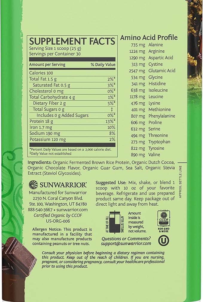 Brown Rice Protein Powder with Bcaa & Amino Acids Raw Rice Protein Shake Gluten Free Low Carb Dairy Free | Plant Based Classic Sprouted Brown Rice Protein Powder Chocolate 750g by Sunwarrior