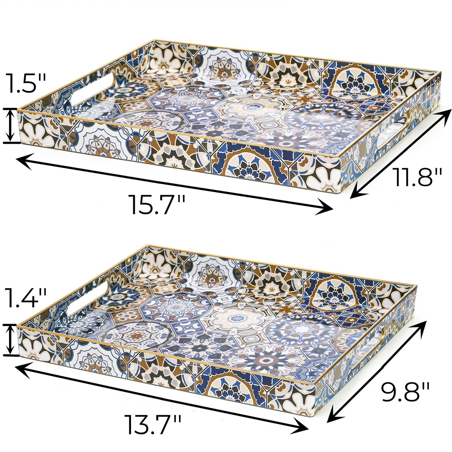 Hiceeden Set of 2 Decorative Serving Trays with Handles, Boho Tea Trays Ottoman Trays for Serving, Modern Plastic Coffee Table Tray for Living Room, Kitchen, Bathroom, Rectangle, Blue