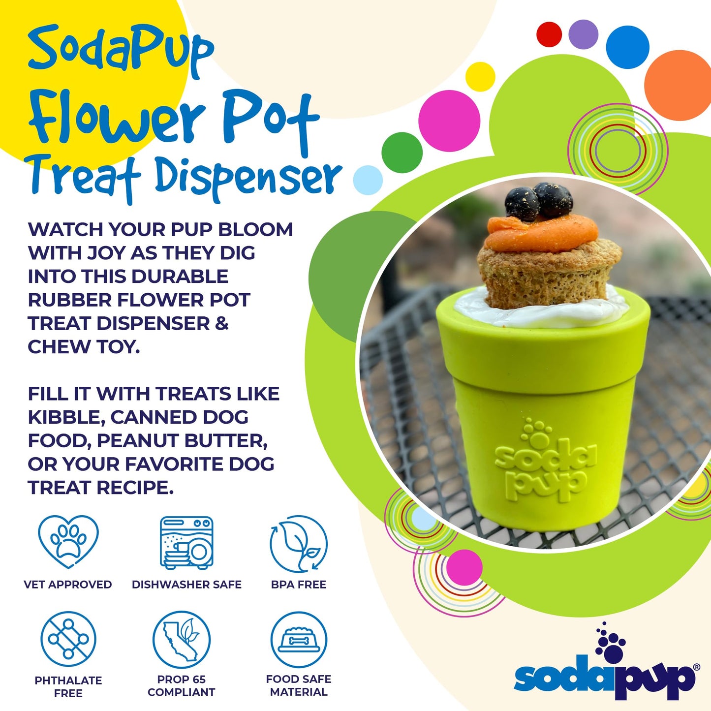 SodaPup Flower Pot – Durable Dog Treat Dispenser & Chew Toy Made in USA from Non-Toxic, Pet Safe, Food Safe Rubber Material for Mental Stimulation, Problem Chewing, Calming Nerves, & More