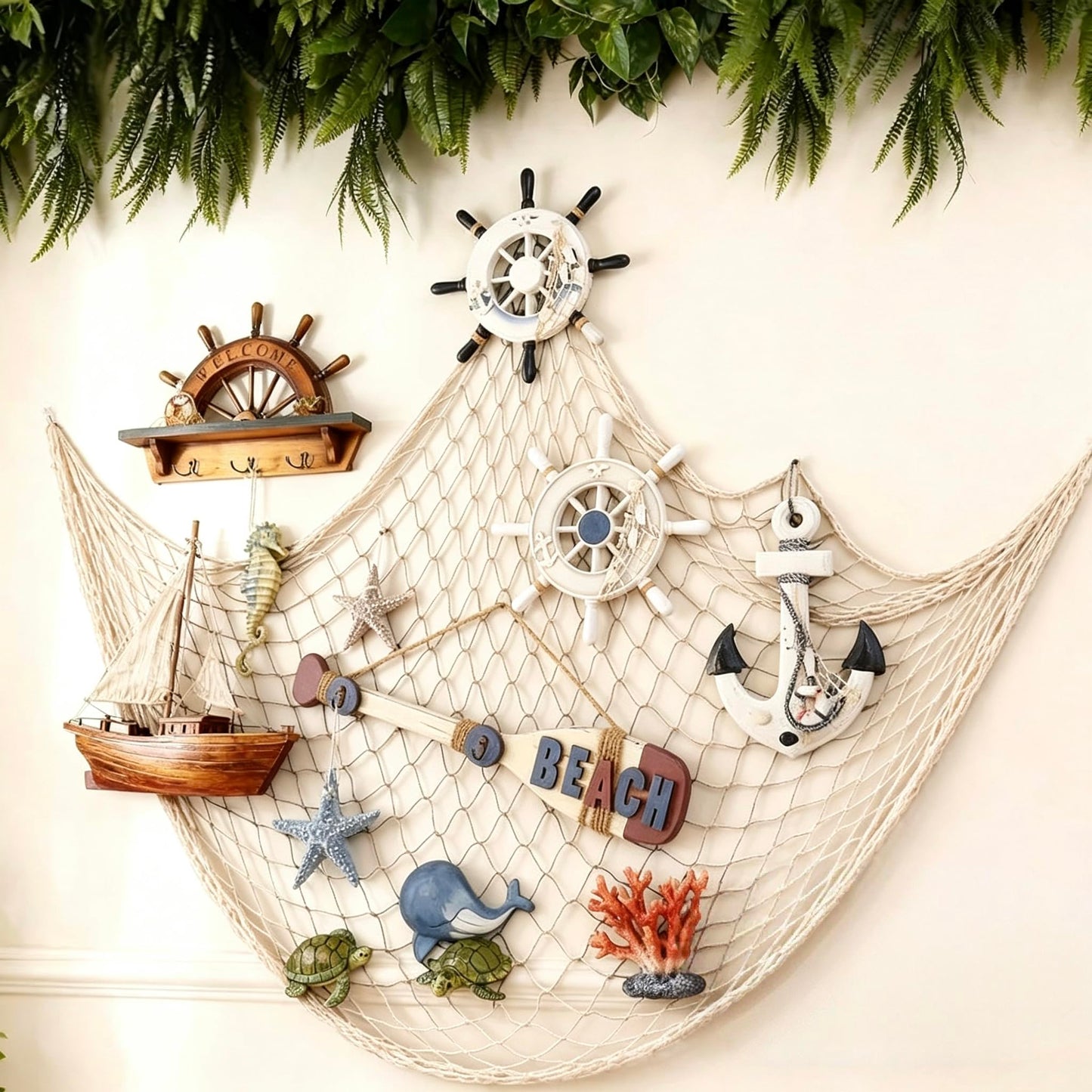 Patioland Decorative Fishing Net 2 Pack, 5x10 ft Large Beige Fish Net Decor for Wall, Photo Display, Nautical Mermaid Pirate Ocean Themed Beach Hawaii Under the Sea Party Decorations