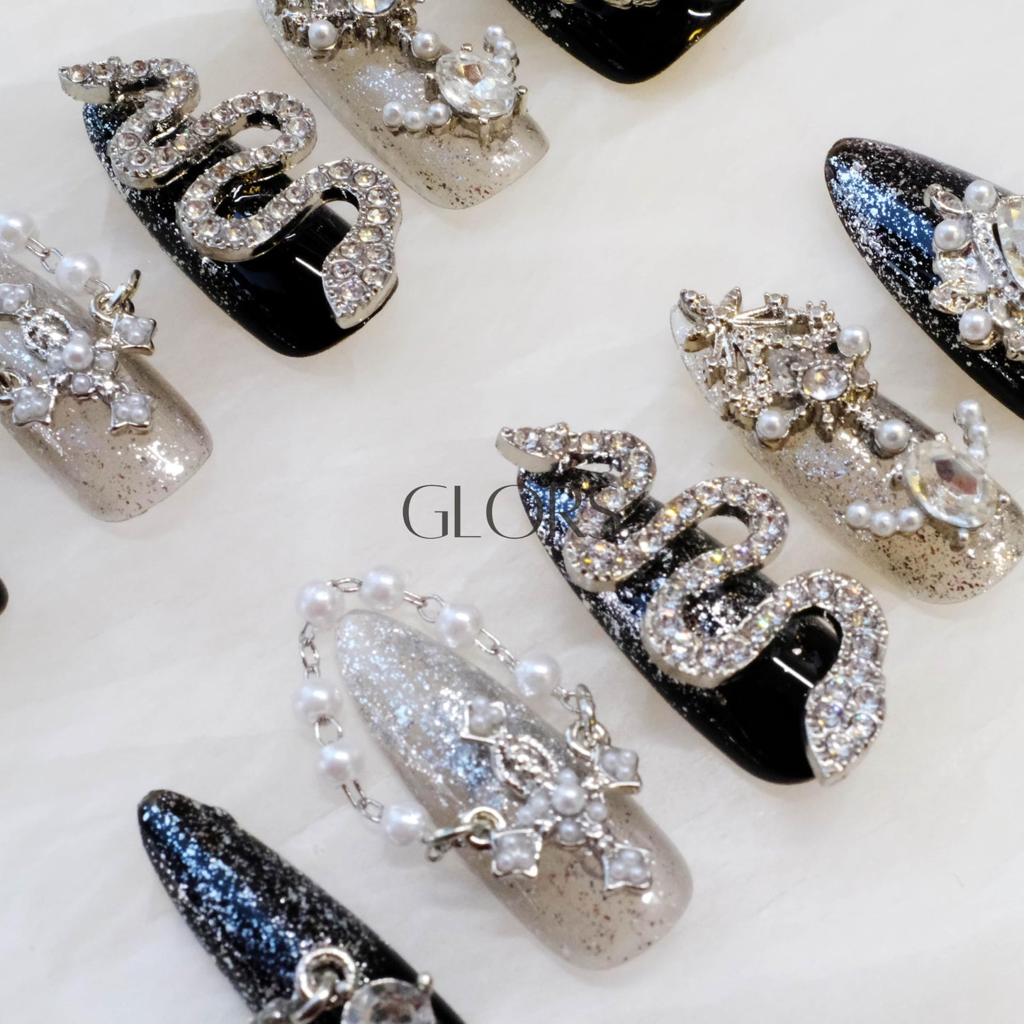 GLORS Luxury Long Almond Press-On Nails, Black and Silver Glitter with 3D Rhinestones and Pearl Accents, Handmade False Nail 10 Pieces (Small, LS)