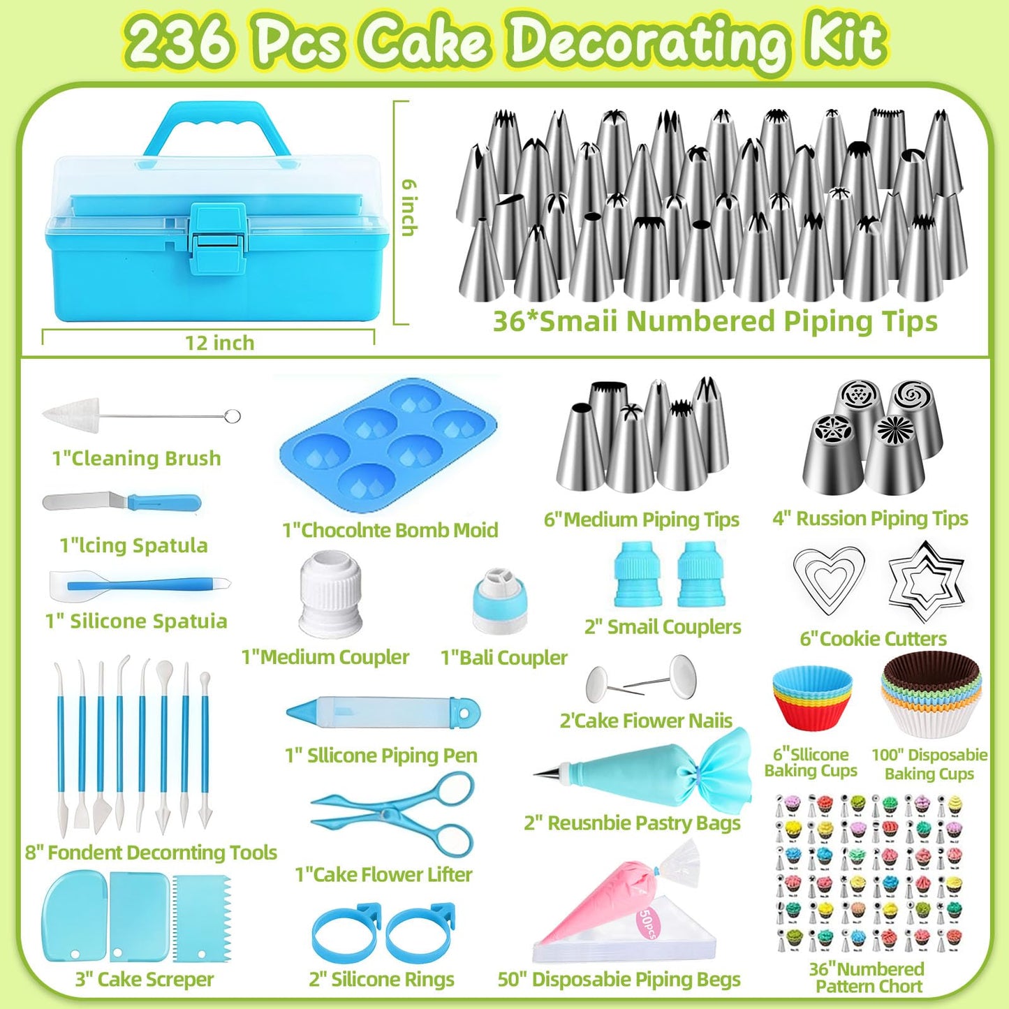 Suuker Cake Decorating Tools Supplies Kit, 236 Pieces Baking Accessories with Storage Case, Frosting Piping Kit, Piping Bags and Tips Set with 36 Numbered Piping Tips, Pastry Bags for Cake