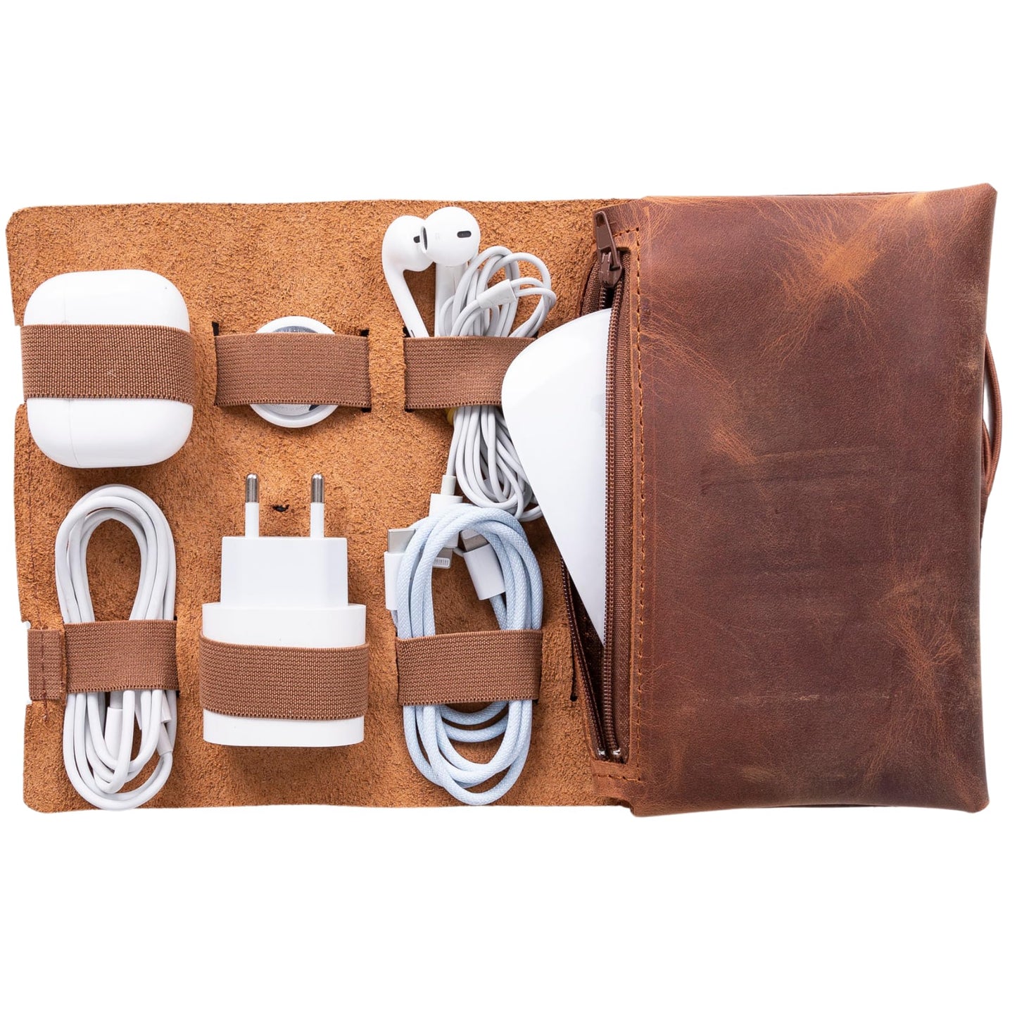 HARDISTON Custom Genuine Leather Electronic Cable Organizer Bag Handmade Travel Cord Organizer Roll Case for Hard Drives, Cables, Charger, Phone, USB, SD Card (Medium - Brown)
