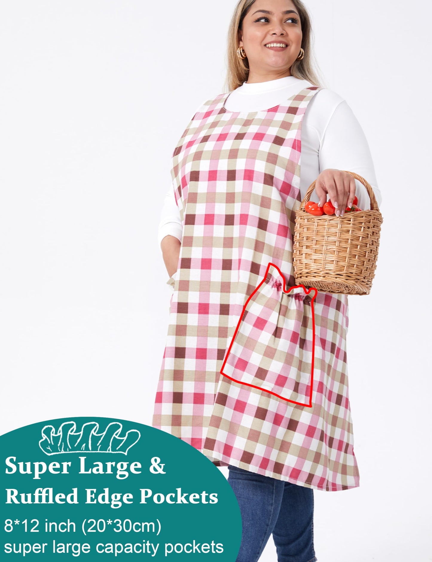 VIKIDEER Comfortable Huge Plus Size Aprons for Women Adjustable Cross Back Floral Cotton Linen Aprons Red Grid