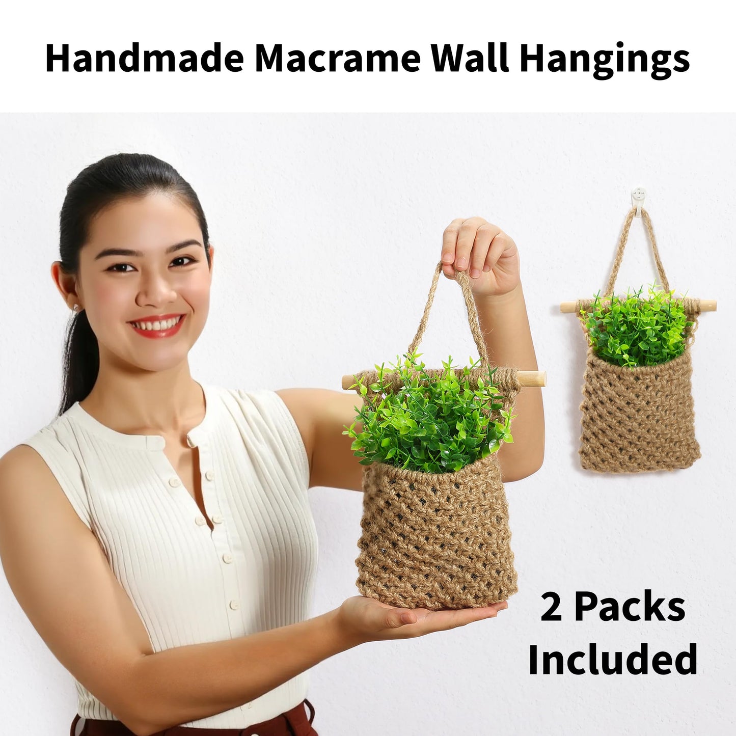 Shineloha 2 Packs Macrame Wall Planters with Artificial Eucalyptus | Macrame Plant Hanger, Wall Plant Holders for Boho, Bathroom, Bedroom & Wall Hanging Decor (2 Packs, Brown)