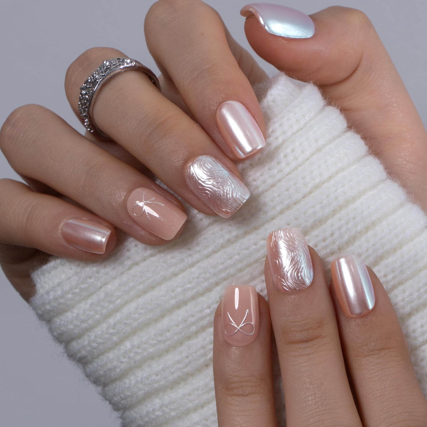CurvLife Soft Gel Medium Press On Nails Square, Long-Lasting Reusable Fake Nails Kit with Glue & Tabs, 30pcs Salon-Quality Stick On Nails for Women At-Home Manicure (Silver Bow)