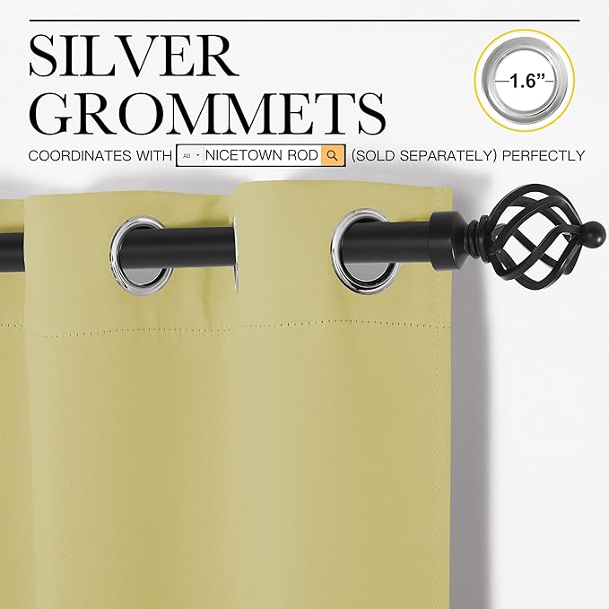 NICETOWN Paler Yellow Room Darkening Curtains for Kitchen, Window Treatment Thermal Insulated Solid Grommet Room Darkening Curtains/Drapes for Bedroom (Set of 2, 42 inches Wide by 48 inches Long)