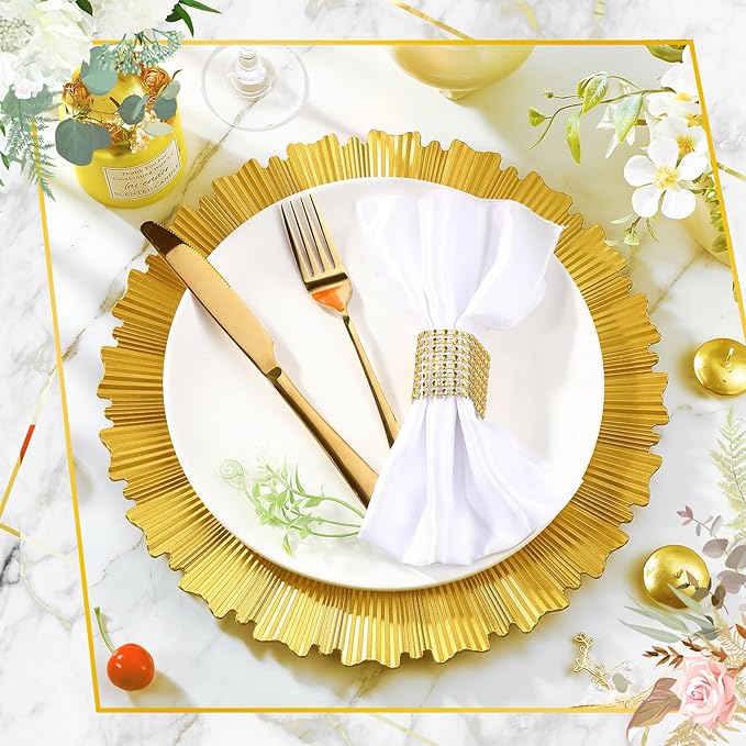 Mifoci 50 Pcs Bright Gold Charger Plates Bulk 13 Inch Plastic Round Chargers Fluted Edge Dinner Plate Wedding Decoration for Table Setting Wedding Party Event Tabletop
