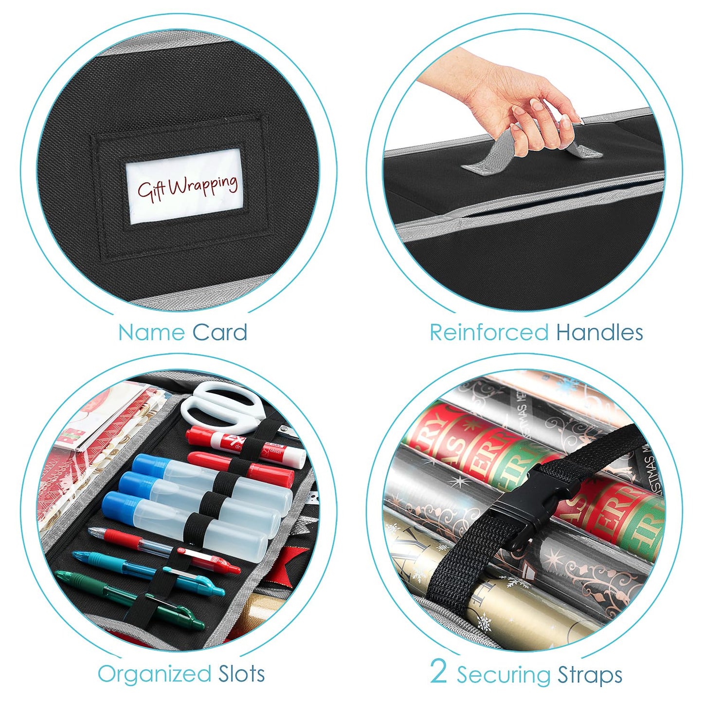 Hearth & Harbor Wrapping Paper Storage Container with Ribbon Storage Organizer - Christmas Storage Bag with Extra Interior Pockets - Gift Wrapping Organizer Storage Fits Up to 26 Rolls of 40" Length
