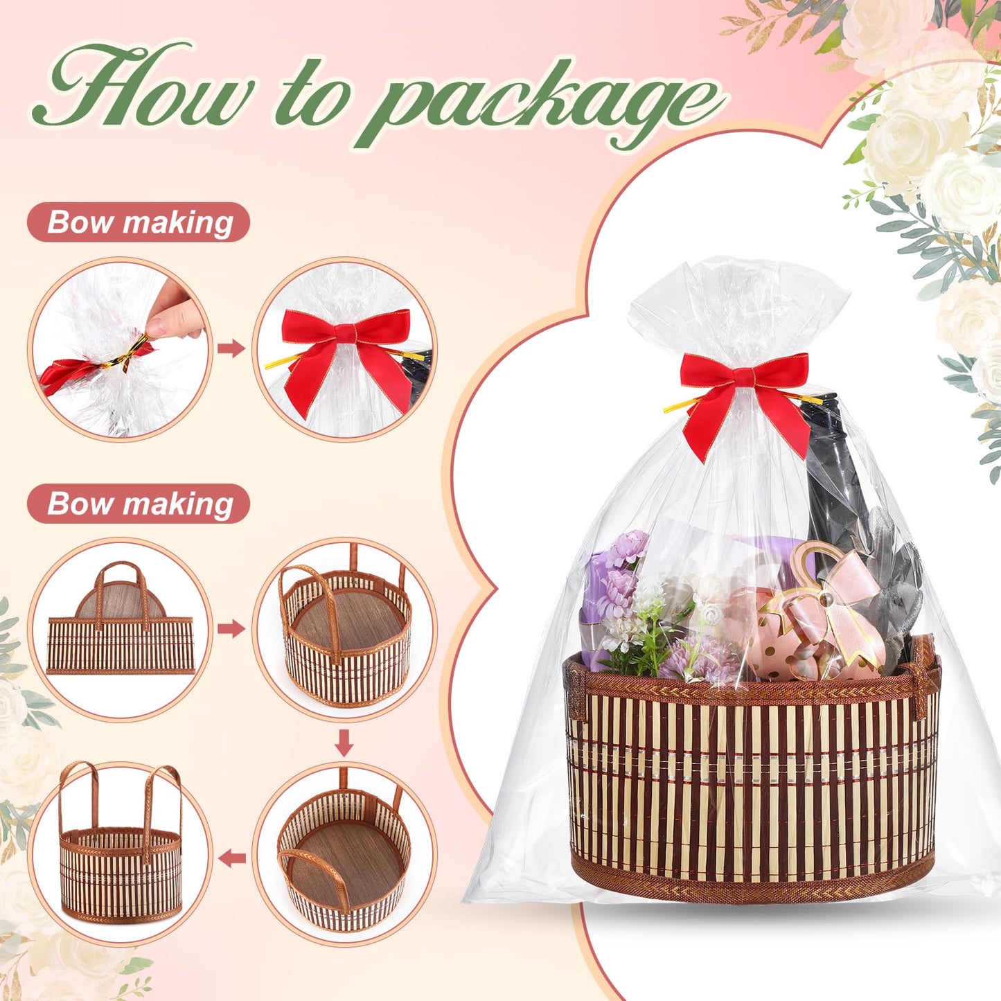 Weysat 12 Set Baskets for Gifts Empty Graduation DIY Bulk Large Woven Bamboo Gift Basket Kit with Handle Bow Wrap Bag to Fill for Father's Day Wedding Birthdays Party Wrapping (Brown)