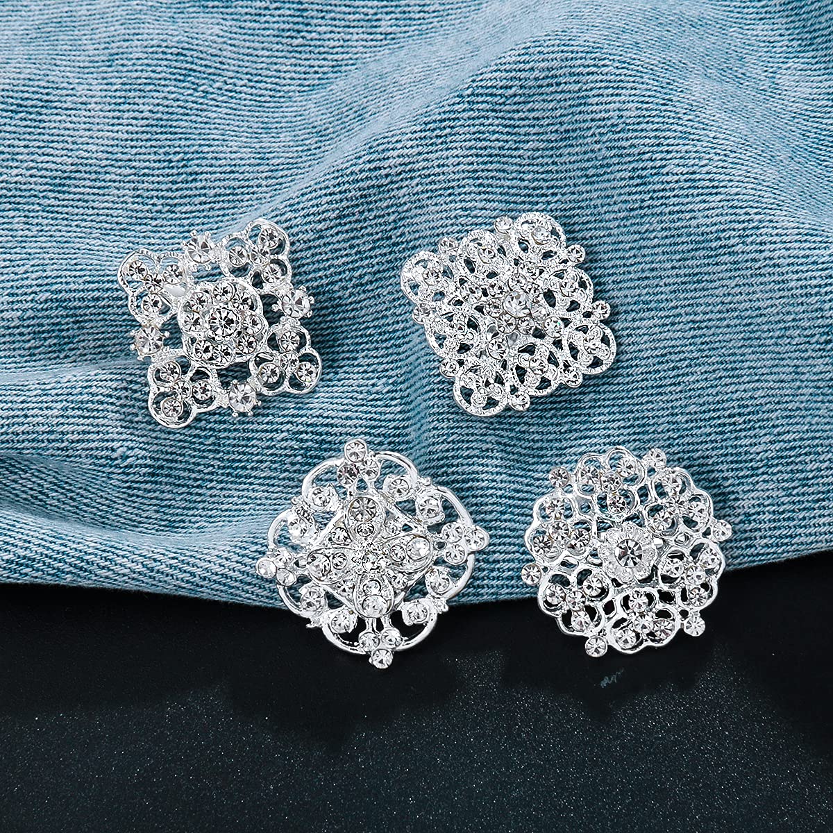 MEEDOZ Lot 12pcs Assorted Crystal Rhinestone Silver Tone Flower Brooch Pin Set for Women DIY Bridal Wedding Bouquet Kit (Silver)