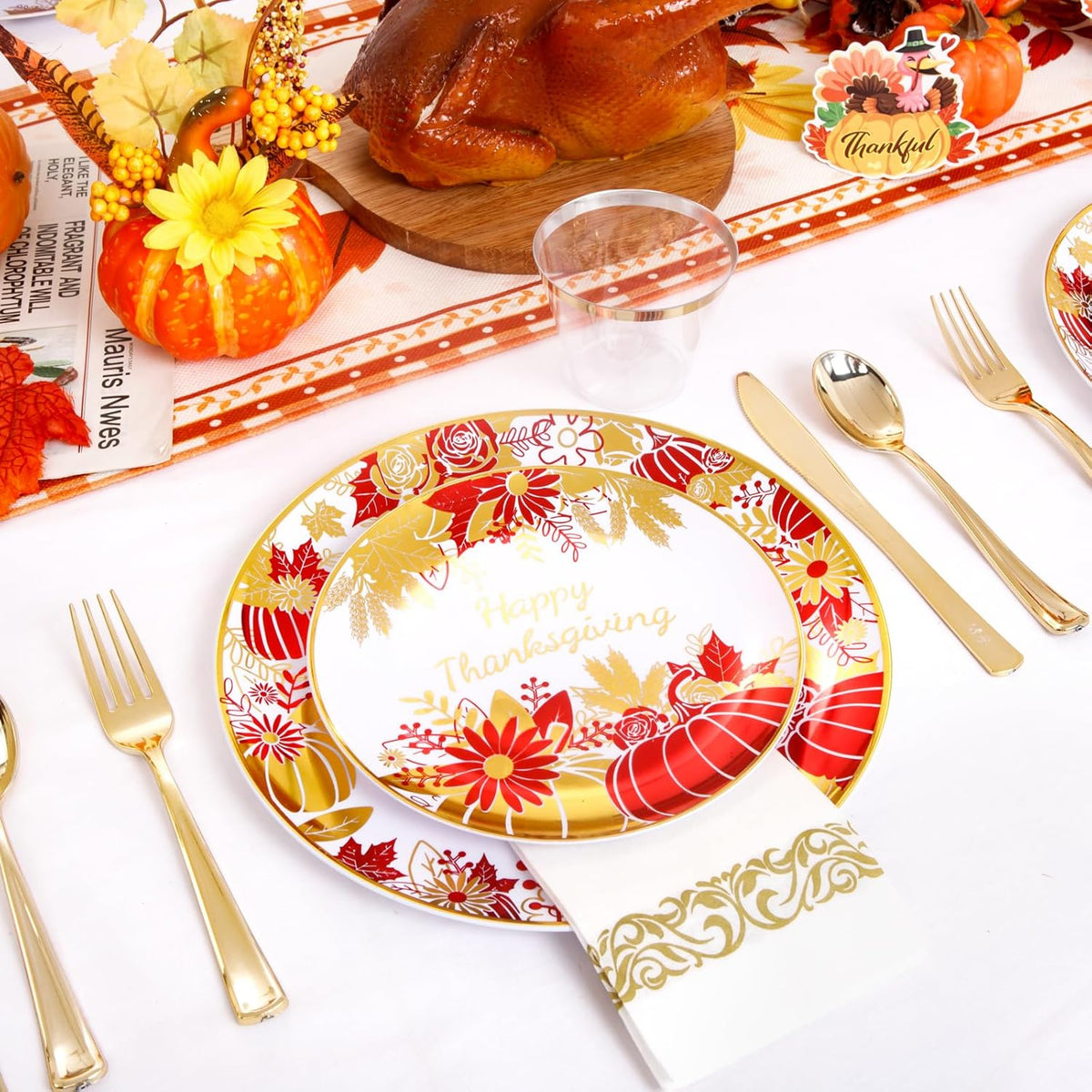 I00000 210Pcs Thanksgiving Plates Red and Gold Plastic Plate Dinnerware Set for 30 Guests Include 10.25" Dinner & 7.5" Dessert Plates, Pre Rolled Silverware Set, Cups for Party & Thanksgiving