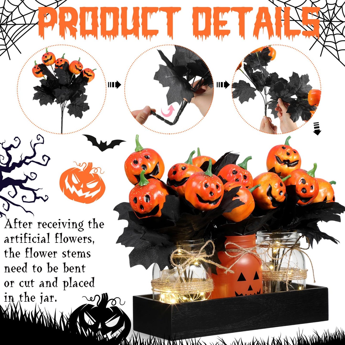Honeydak 9 Pcs Halloween Table Centerpieces Pumpkin Mason Jar for Halloween Table Dining Room with Farmhouse Wood Tray 3 Mason Jars with Artificial Flowers and 2 LED Light for Dining Room