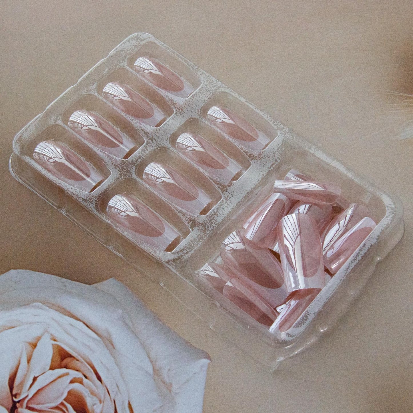 French Tip Press on Nails Square Medium Fake Nails Chrome Mirror Acrylic Nails Press ons with Designs Pearl Powder Artificial False Nails Glossy Full Cover Glue on Nails for Women Manicure 24 Pcs