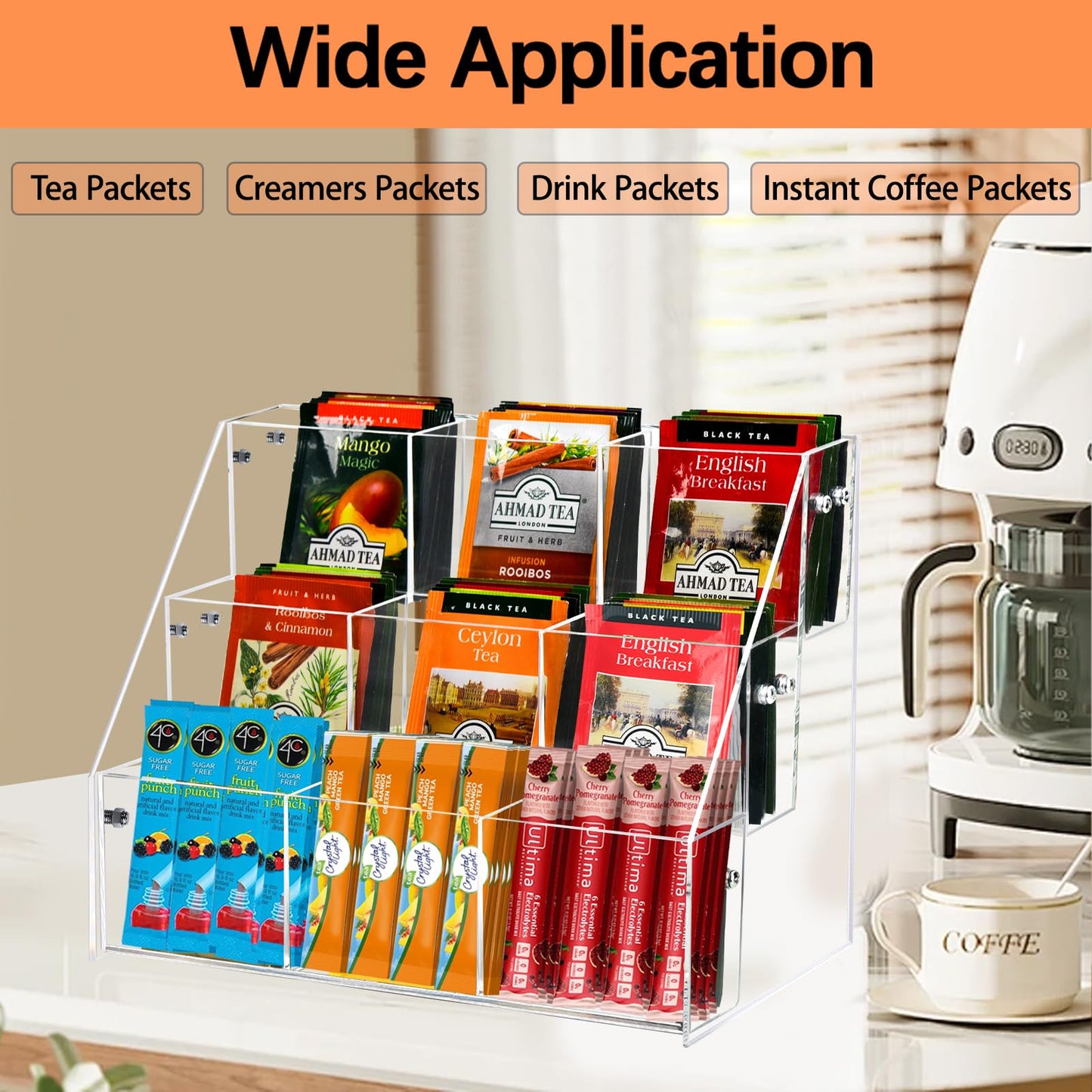 Wuudy Tea Bag Organizer Holder, Acrylic Tea Packets Storage Box Container Display Stand Rack for Counter Cabinet Countertop Kitchen Office, 3 Tier