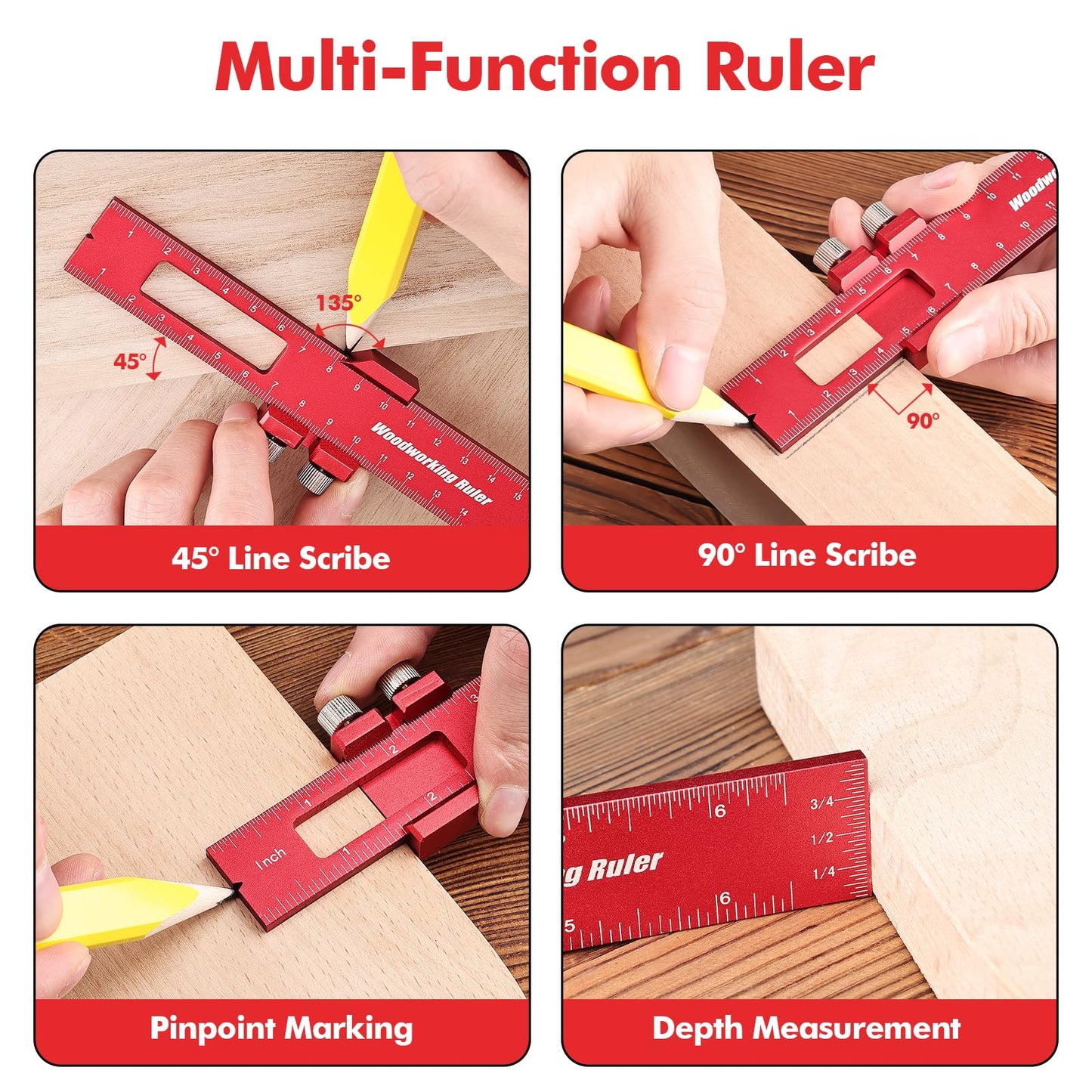 Draxzor 3PCS Woodworking Ruler Set, Precision Pocket Ruler with Adjustable Slide Stop, Aluminum Alloy Measuring Tool for Marking & Scribing, Metal T-Track Square Rulers, Inch and Metric (6", 8", 12")