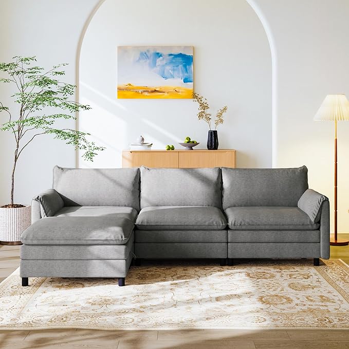 FLEXISPOT SF6 Cloud Sectional Couch for Living Room with Reversible Ottoman, 100.4" L-Shaped Modular Sectional Sofa with Storage, 3-Seater Comfy Sofa Couch for Apartment, Chenille Gray