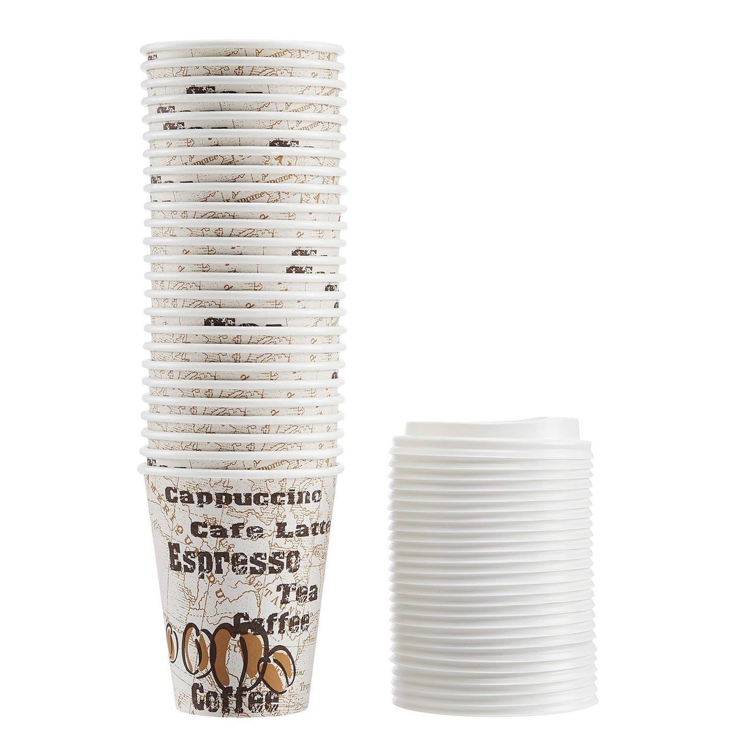 Amazon Basics to Go Hot Paper Coffee Cups with Lids, 12 oz, Café Design, Disposable, 100-Count