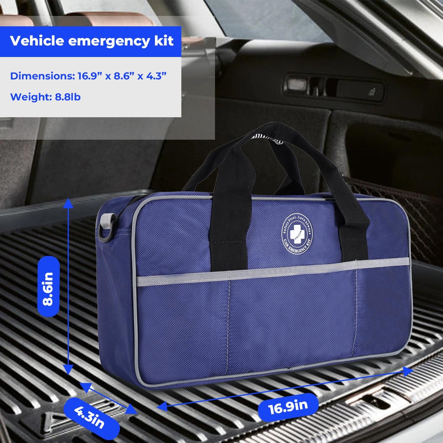 All-in-One Car Emergency Kit with Digital Tire Inflator, Jumper Cable, Tow Strap, Reflective Triangle, First Aid Kit, Hand Crank Flashlight, and Repair Tools for Roadside Safety (Blue)