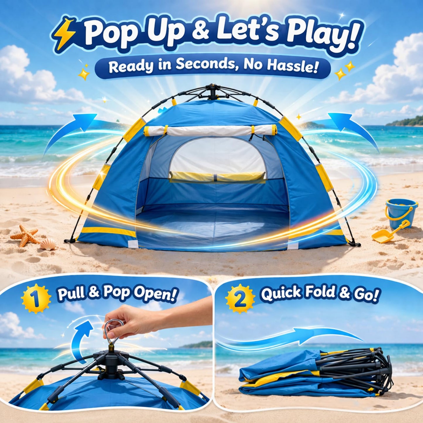 Baby Beach Tent Pop Up Sun Shelter with UPF 50+ UV Protection, Silver-Coated Interior, Breathable Mesh Ventilation, Easy Setup, Wind-Stable Beach Shade for Infants & Toddlers