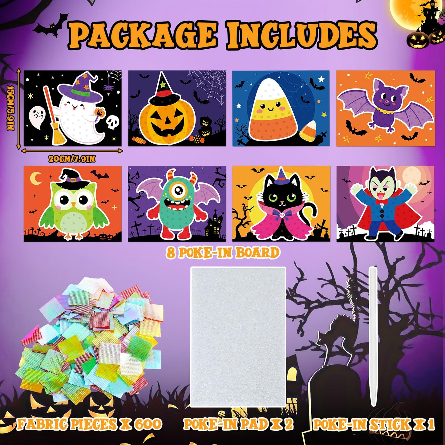 Lonfliness 8PCS Poke Craft Kit Halloween No-Mess Fabric Sewing Art Puzzle Puncture Painting Bat Pumpkin Ghost Halloween Creative Activity Game Birthday Party Favors