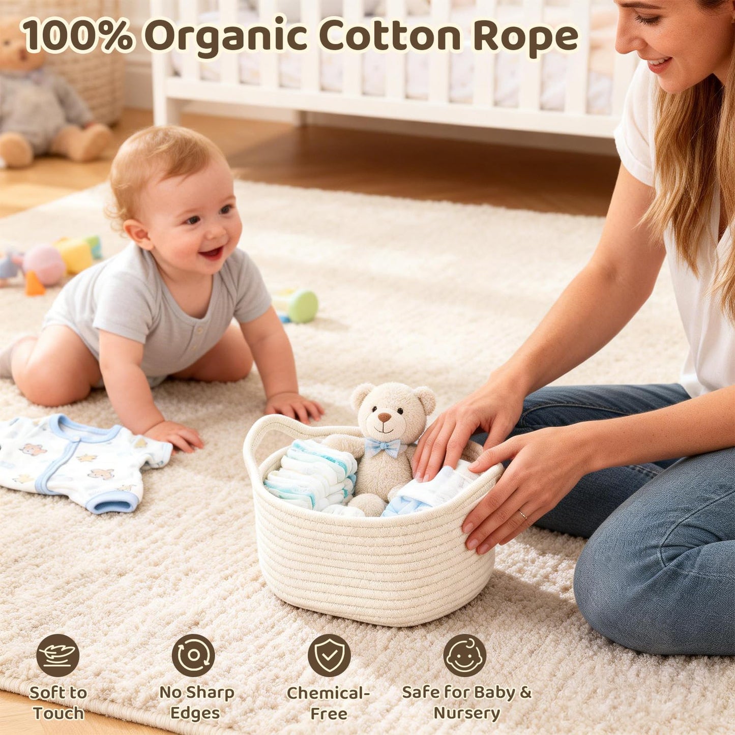 8 Pack Small Woven Baskets for Gifts Empty, 12"x8"x5" Cotton Rope Storage Baskets with Handles, Gift Basket Kit with Bags & Ribbons for Baby Shower, Nursery, Christmas, Easter, Bulk White