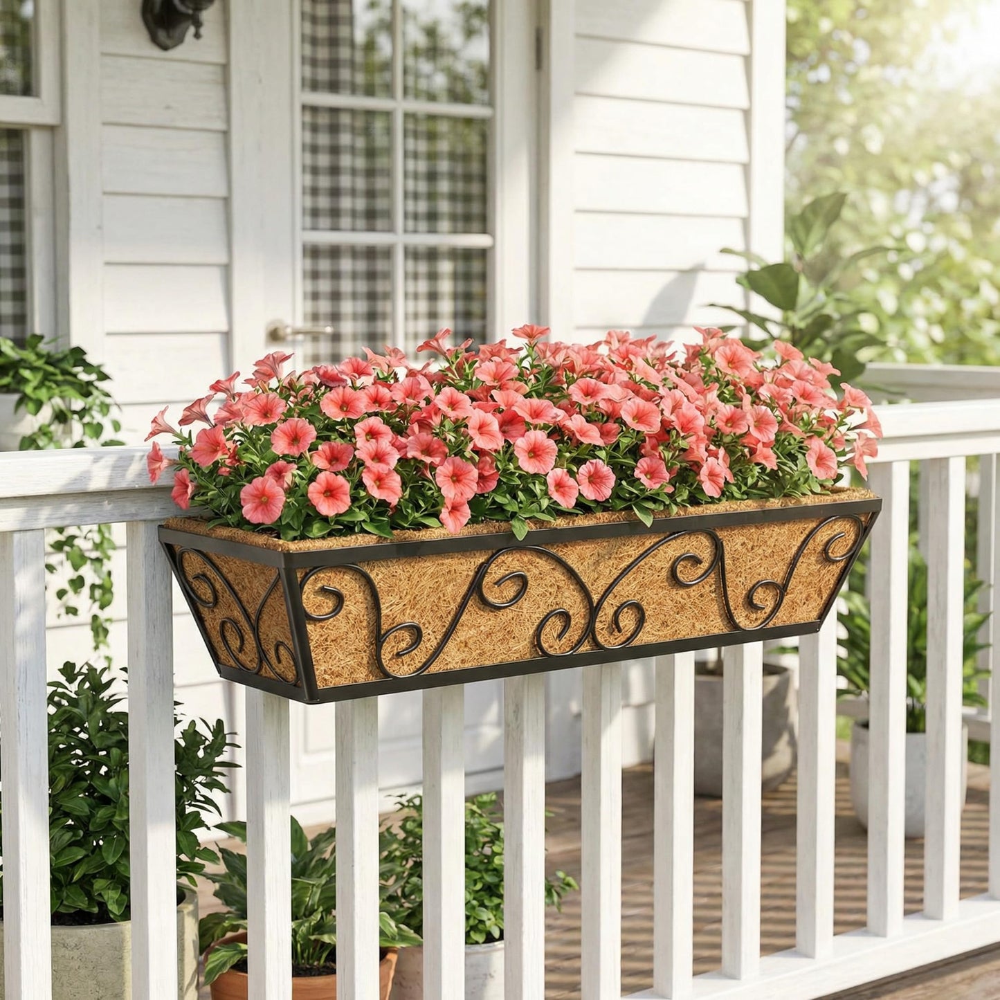 Y&M 24 Inch Window Deck with Coco Liner, Fence Metal Hanging Flower Planter Window Basket Deck Railing Planter Boxes for Outdoor Garden Lawn-Butterfly,2pcs