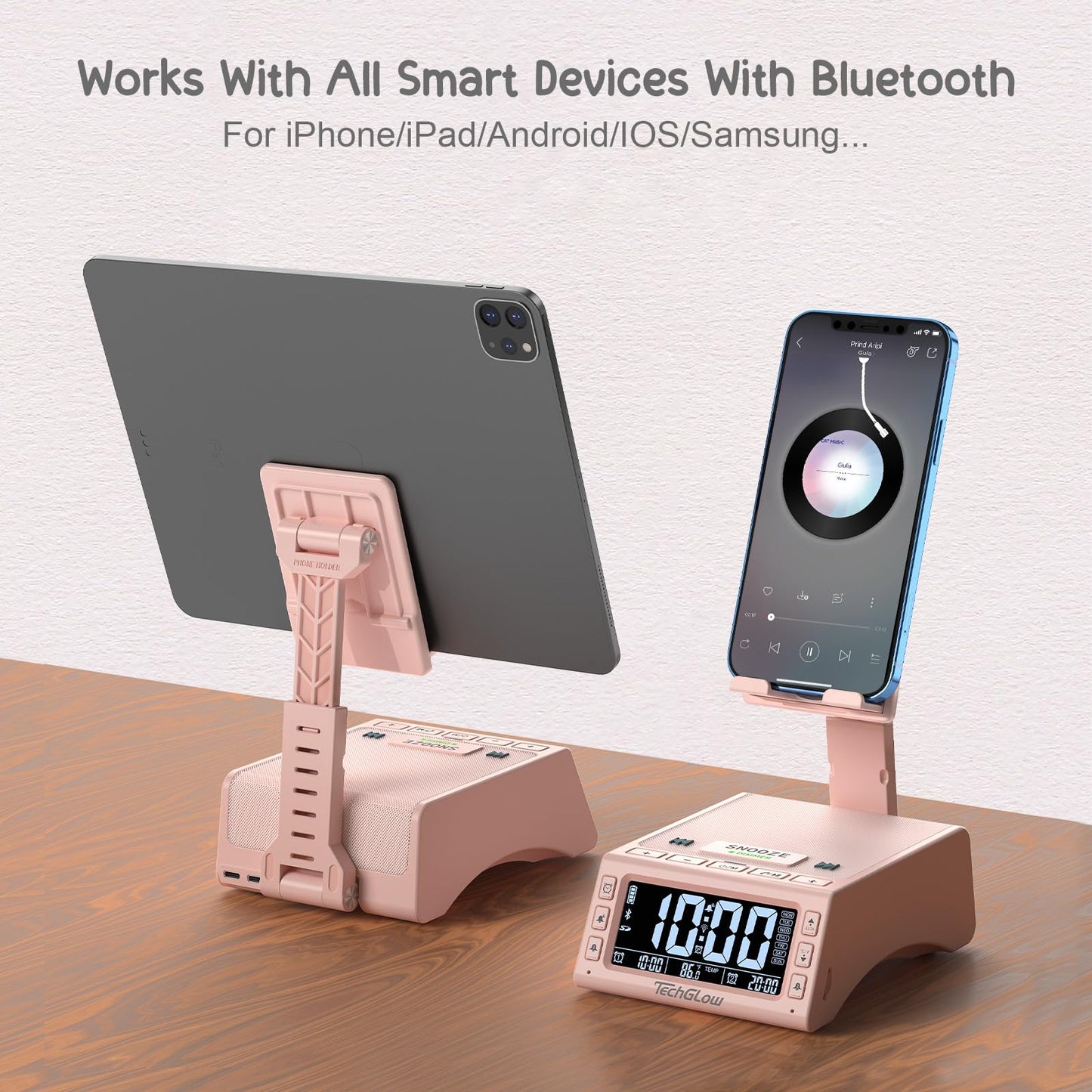 TechGlow Foldable Cellphone Stand with Wireless Bluetooth Speaker Birthday Gifts for Men Women Mother Father Cool Tech Gadgets- Pink