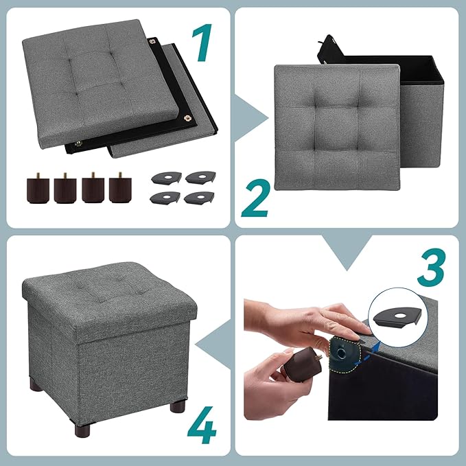 BRIAN & DANY Small Ottoman with Storage, Small Storage Ottoman, Folding Foot Stool with Wood Legs for Living Room and Bedroom Linen Rest Seat, 12.6"x12.6"x12.8" - Gray
