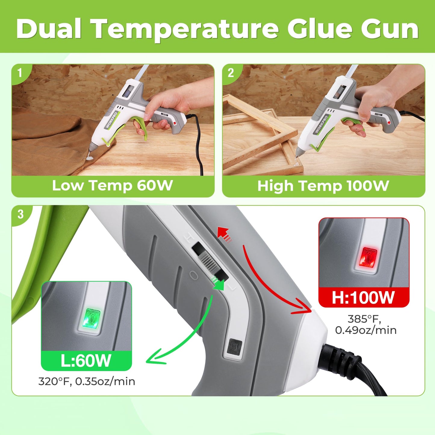 WORKPRO Hot Glue Gun Full Size - 60/100W Dual Temp Glue Gun and Sticks Set with 10 PCS Glue Sticks (7/16") - 90S Fast Preheating Hot Glue Gun Kit for Construction, Crafting, DIY and Repairs - White