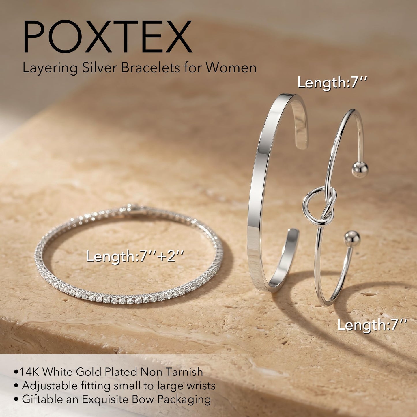 Poxtex Silver Cuff Bracelets Set for Women, 3 Pcs Stackable Open Bangles, Cubic Zirconia Tennis, Stardust Thin Polished Band, Non Tarnish Stainless Steel Jewelry Gifts