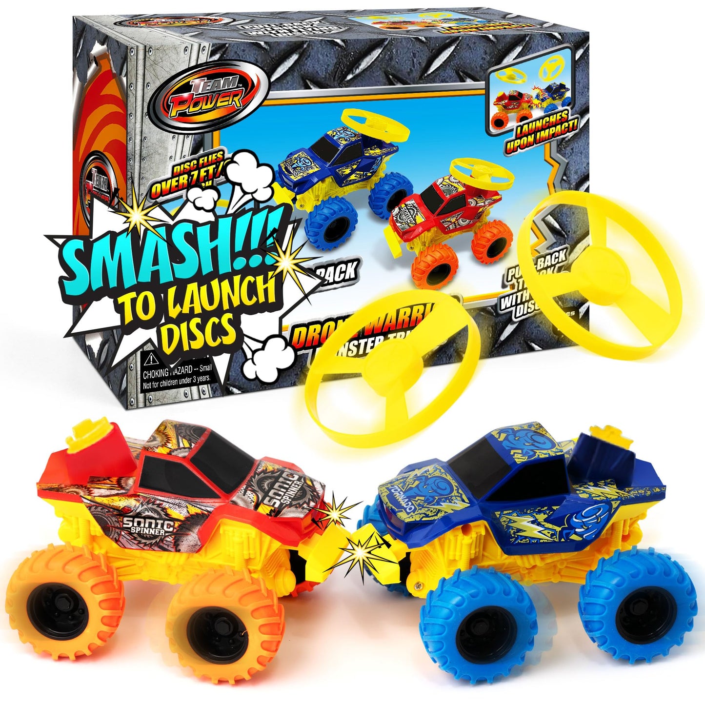 Team Power Monster Truck Toys Drone Warrior, Disc-Launching 2-Pack 5.2" Battle Trucks with Pull-Back Motors, Age 3, 4-7 and Above for Boys & Girls [Amazon Exclusive]