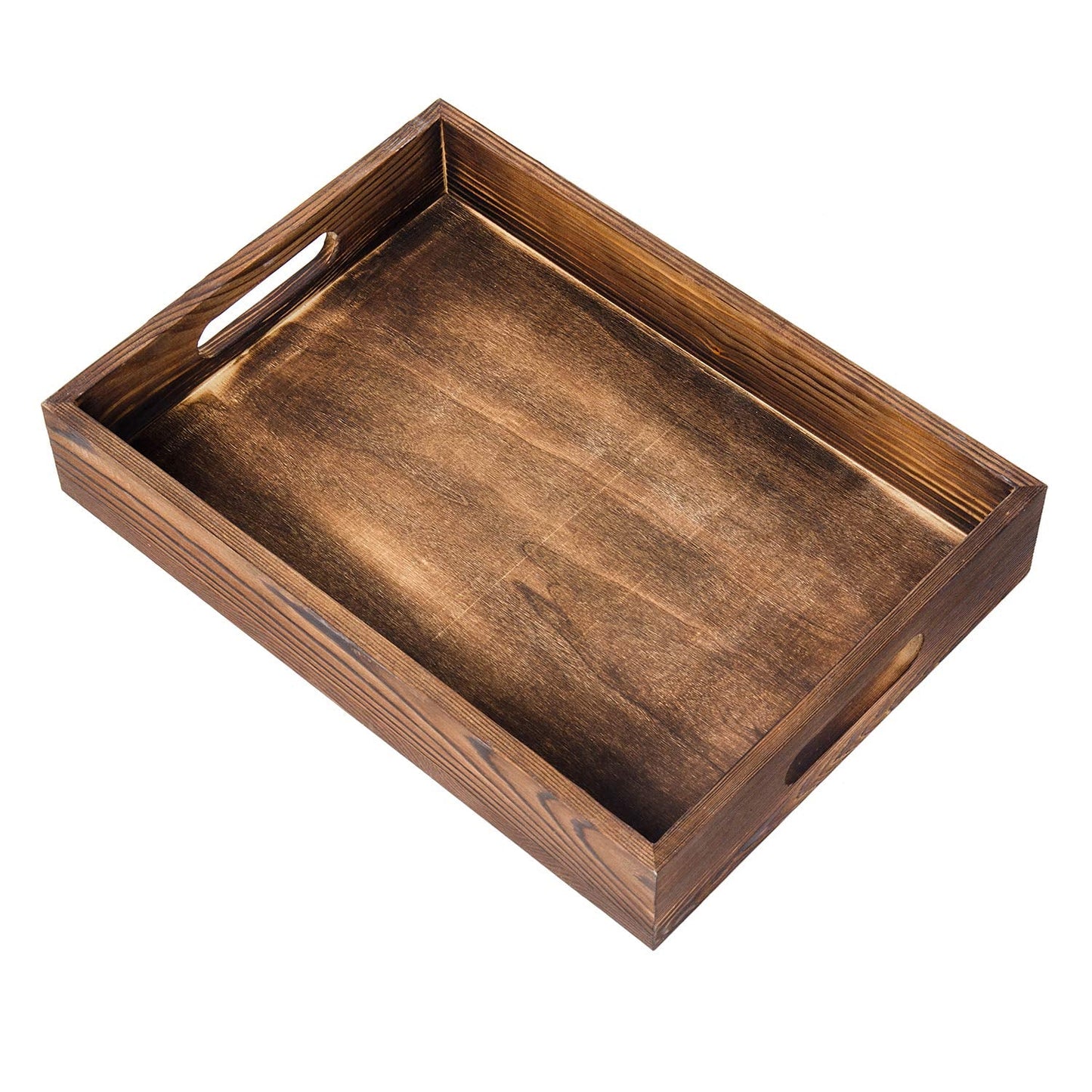 ExoLiry Rustic Brown Wood Food Serving Tray Cutout Handles Breakfast in Bed Coffee Wine Rectangular Ottoman Nesting Crate Tabletop Storage Box Desktop Document Holder Party Office Home Kitchen