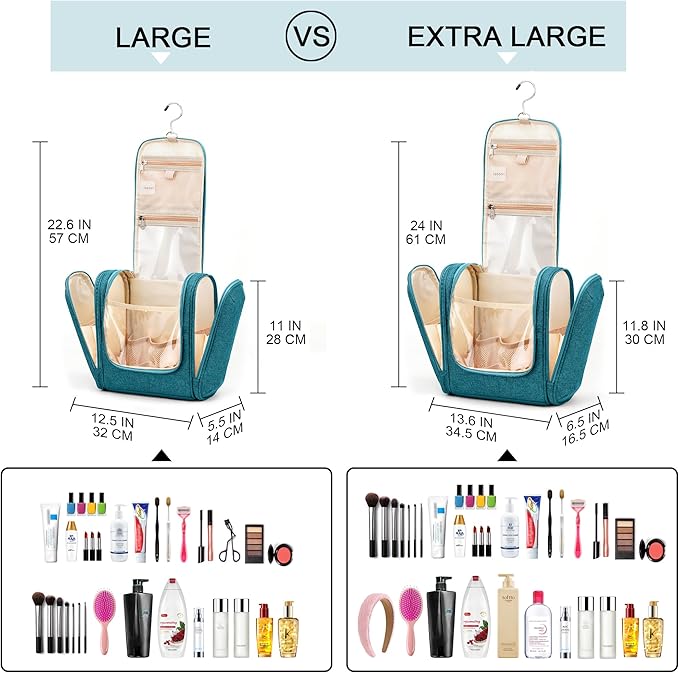 Hanging Travel Toiletry Bag for Women and Men, 6 Organizer Compartments, Large Toiletries essentials, Bathroom Cosmetic Accessories, Water-resistant Makeup Bag, Holds Full-Size Shampoo, Blue