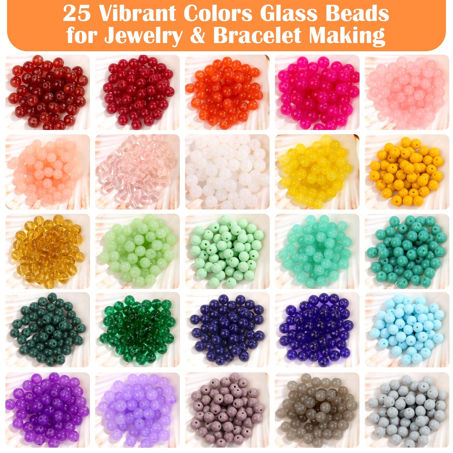selizo 1250Pcs Glass Beads, 8mm Round, 25 Vibrant Colors, for Bracelets, Jewelry Making, DIY Crafts