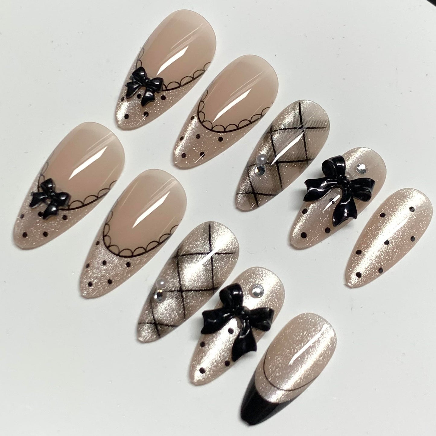 BABALAL Press On Nails, Medium Almond Fake Nails, Black French Tip, Cat Eye Bling Design With Bow Plaid Design, Y2k Kawaii Polka Dot Glue On Nails 24Pcs