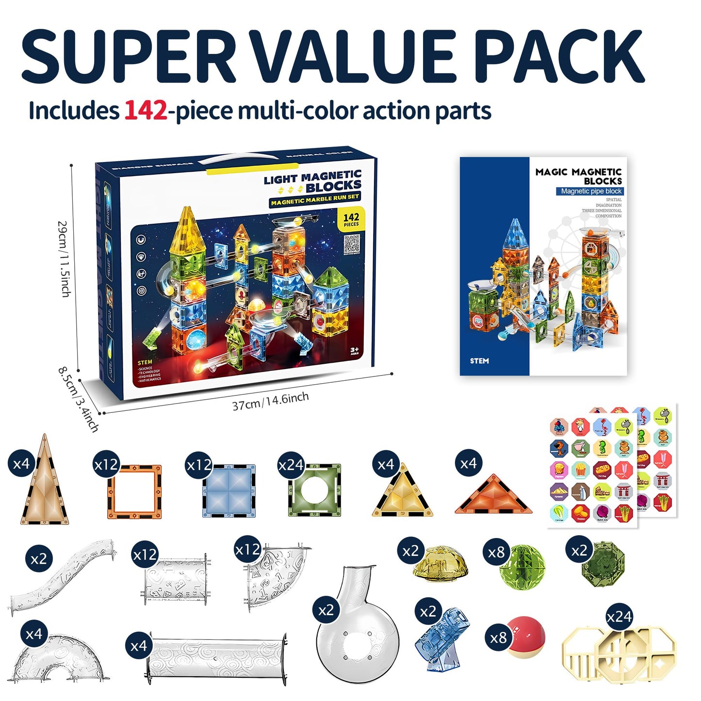 ROHSCE Glowing Magnetic Marble Run Set 142PCS, STEM Educational Magnet Building Toys, 4D Diamond Surface Light Magnetic Tracks, Creative Marble Maze Gift for Boys and Girls Ages 3-12