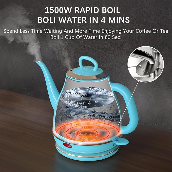Electric Gooseneck Kettle, 1L 1500W Fast Boil, 100% Stainless Steel BPA Free Pour-Over Coffee & Tea Kettle, Water Boiler with Auto Shut & Boil-Dry Protection, Turquoise