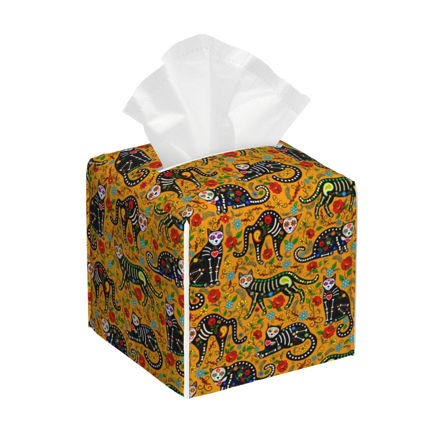 BLYKVGHQ Day of The Dead Square Tissue Box Cover Sugar Skull Black Cats Tissue Box Holder Facial Cube Paper Dispenser Leather Decorative Organizer Home Office Desk Decor, 5.2"x5.2"x5.2"