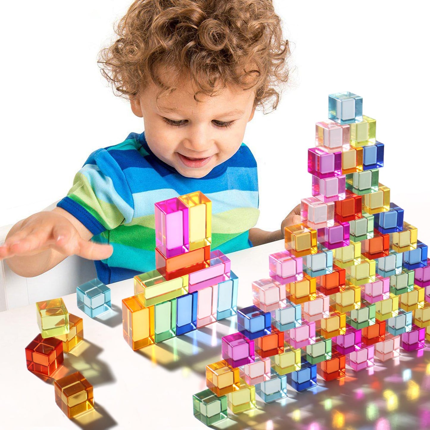 Dinhon 100 Pcs Acrylic Blocks for Toddler - 10 Colors Rainbow Gem Blocks, 2.5x2.5cm Crystal Cubes Stacking Rainbow Toy for Kids 1-5 Years Old, Light Table Blocks Bulk Birthday Gift