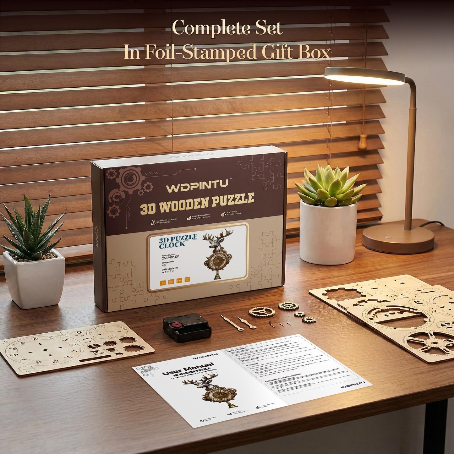 WDPINTU 3D Wooden Clock Puzzle – Steampunk Deer Head Design – DIY Model Kit for Adults & Teens (15+) – Unique Wall Decor with Roman Numerals – Gift-Ready Packaging
