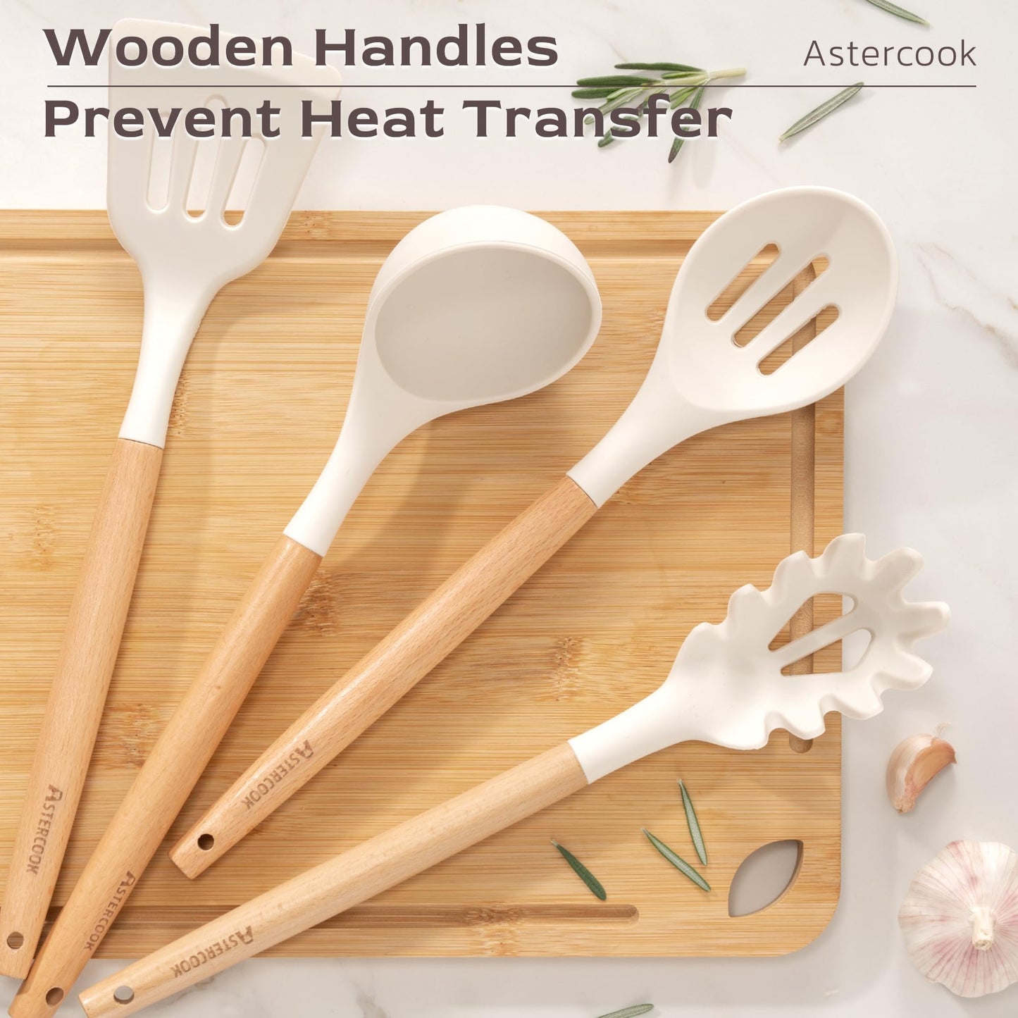 Astercook Kitchen Utensils set, 39 PCS Silicone Cooking Utensils Set with Wooden Handle, 446°F Heat Resistant Food Grade Utensil Sets, BPA Free Kitchen Gadgets Tools Set for Mothers Day Gifts